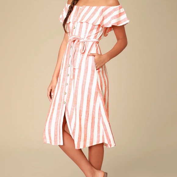 Orange Striped Off-the-Shoulder Midi Dress - Picture 2 of 3